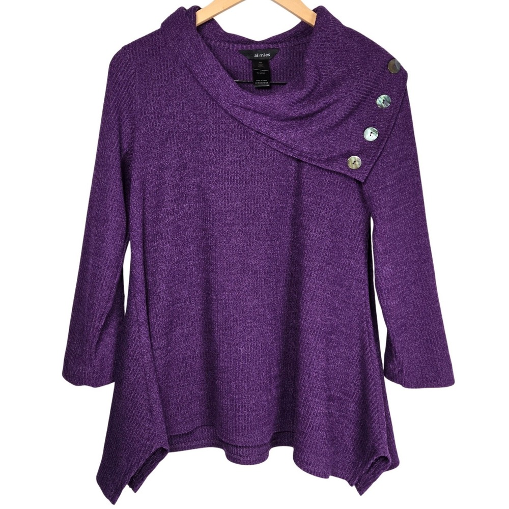 Ali‎ Miles Purple Cowl Neck Tunic Top Petite Medium Sharkbite Hem Button Detail